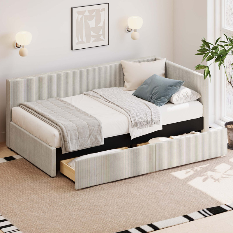 Twin Size L Shape Corner Bed Corduroy Upholstered Daybed Latitude Run Color Beige